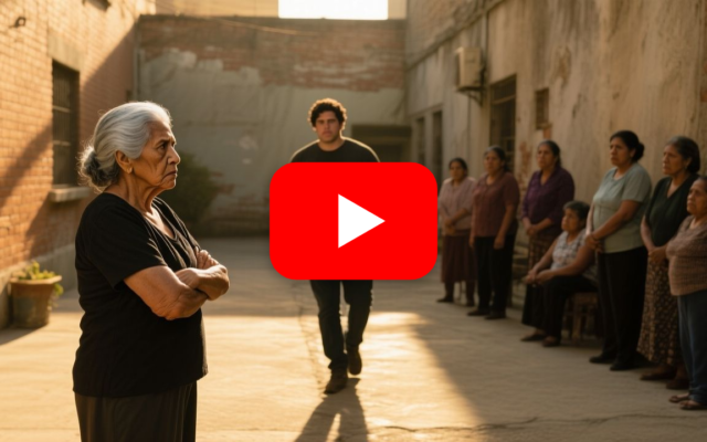 Doña Carmen de 78 años riega su albahaca en el patio del edificio Los Almendros frente a Kevin