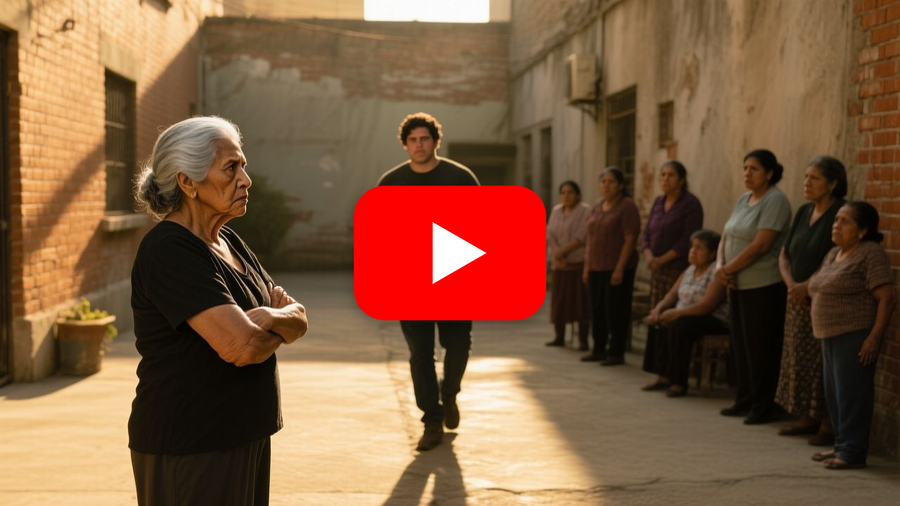 Doña Carmen de 78 años riega su albahaca en el patio del edificio Los Almendros frente a Kevin