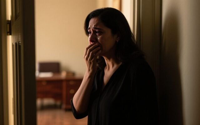 Mujer sorprendida en el pasillo de su casa sosteniendo las llaves mientras escucha a su esposo y su hermana en el estudio