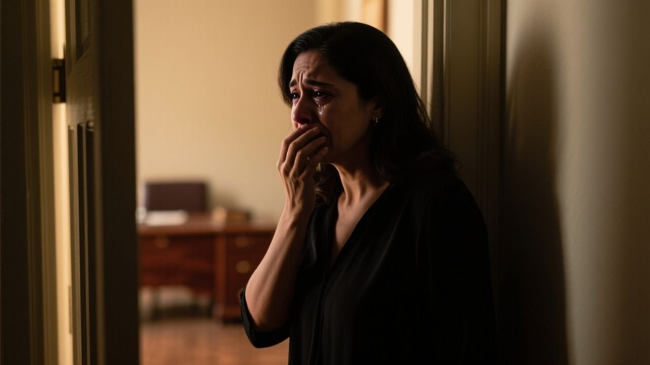 Mujer sorprendida en el pasillo de su casa sosteniendo las llaves mientras escucha a su esposo y su hermana en el estudio