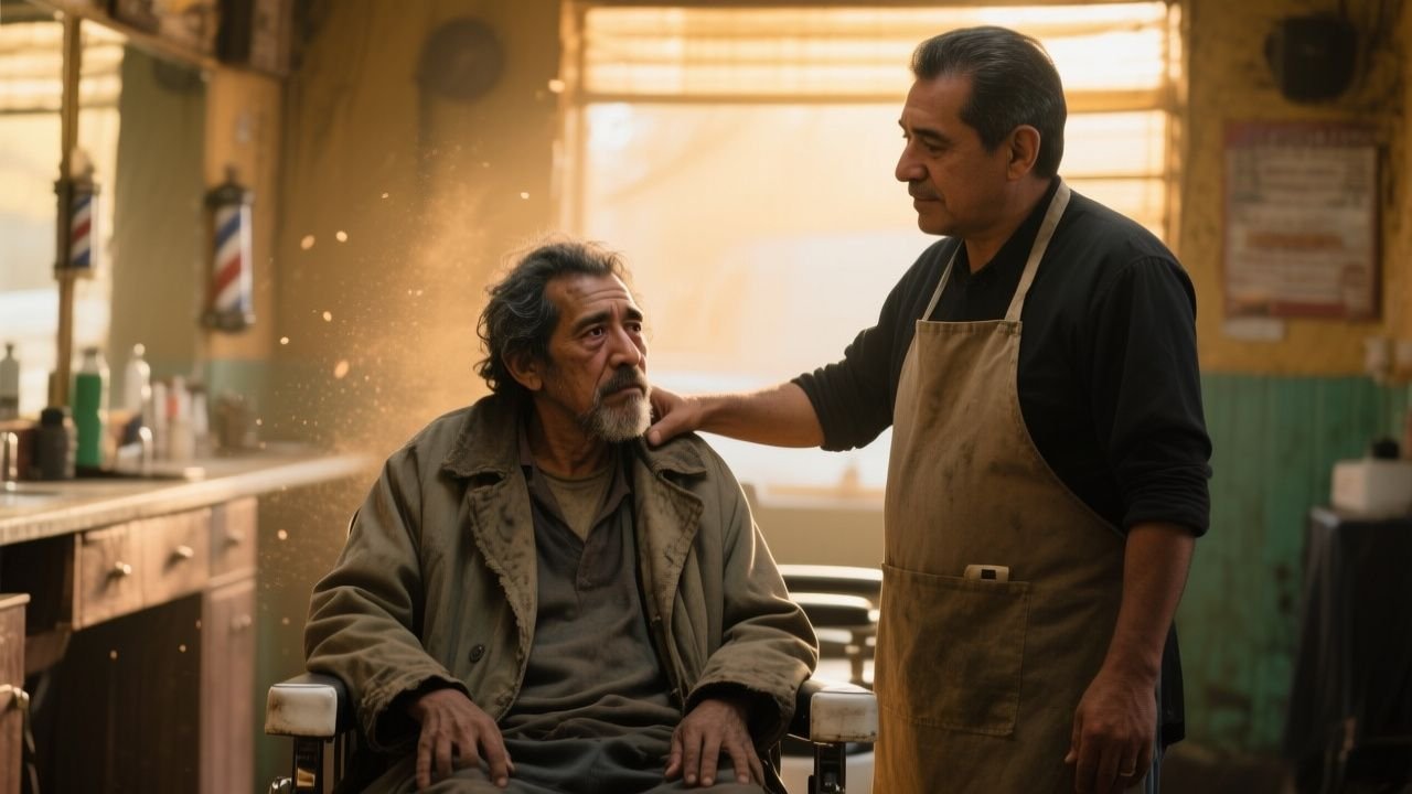 Barbero cortando el cabello a un hombre en una barbería mientras otro cliente observa la escena
