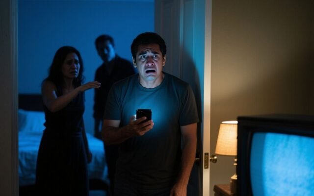 Carlos descubriendo el celular de su hermano Miguel sobre la cama con un mensaje de Laura a las 2:47 de la madrugada