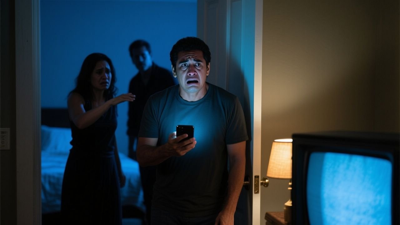 Carlos descubriendo el celular de su hermano Miguel sobre la cama con un mensaje de Laura a las 2:47 de la madrugada