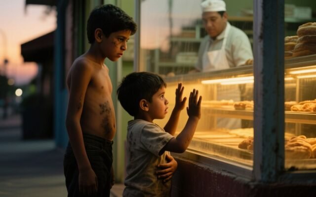 Niños mirando el pan dulce en la vitrina de una panadería, con expresión de hambre y esperanza