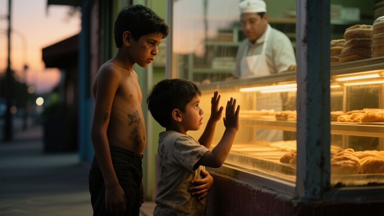 Niños mirando el pan dulce en la vitrina de una panadería, con expresión de hambre y esperanza