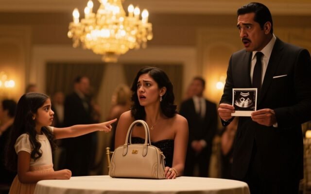 Niña con moño rojo hablando frente al micrófono en un salón de eventos mientras los invitados la observan sorprendidos