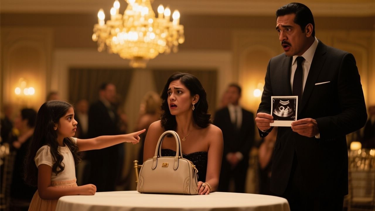 Niña con moño rojo hablando frente al micrófono en un salón de eventos mientras los invitados la observan sorprendidos