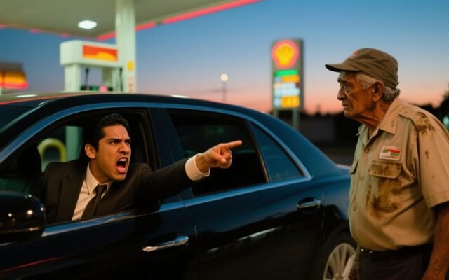 Don Ramiro, viejo despachador de overol azul, junto a la bomba 3 observando un Mercedes negro alejarse por la carretera