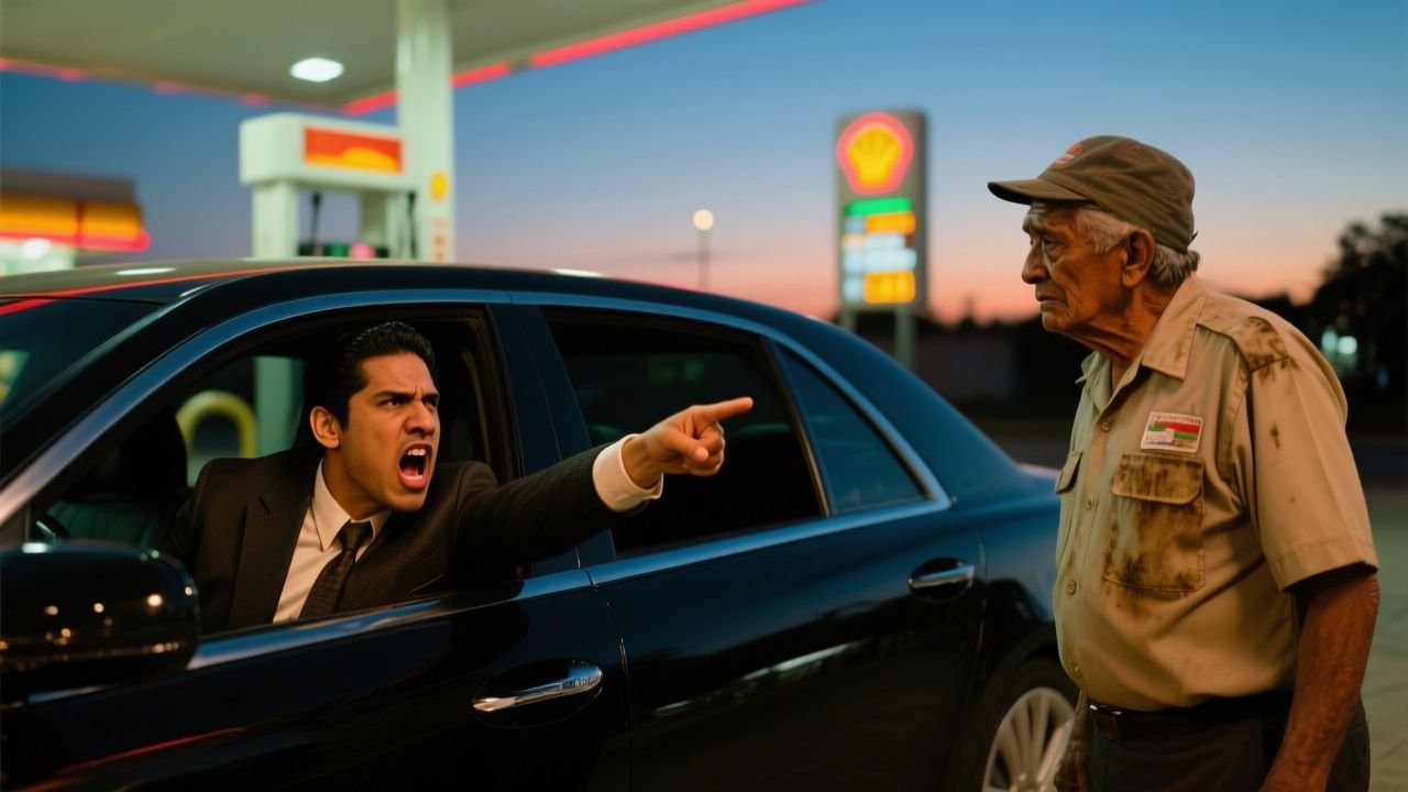 Don Ramiro, viejo despachador de overol azul, junto a la bomba 3 observando un Mercedes negro alejarse por la carretera