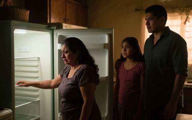 Yerno abrazando a su suegra frente a una nevera llena de comida, escena de amor familiar y reconciliación