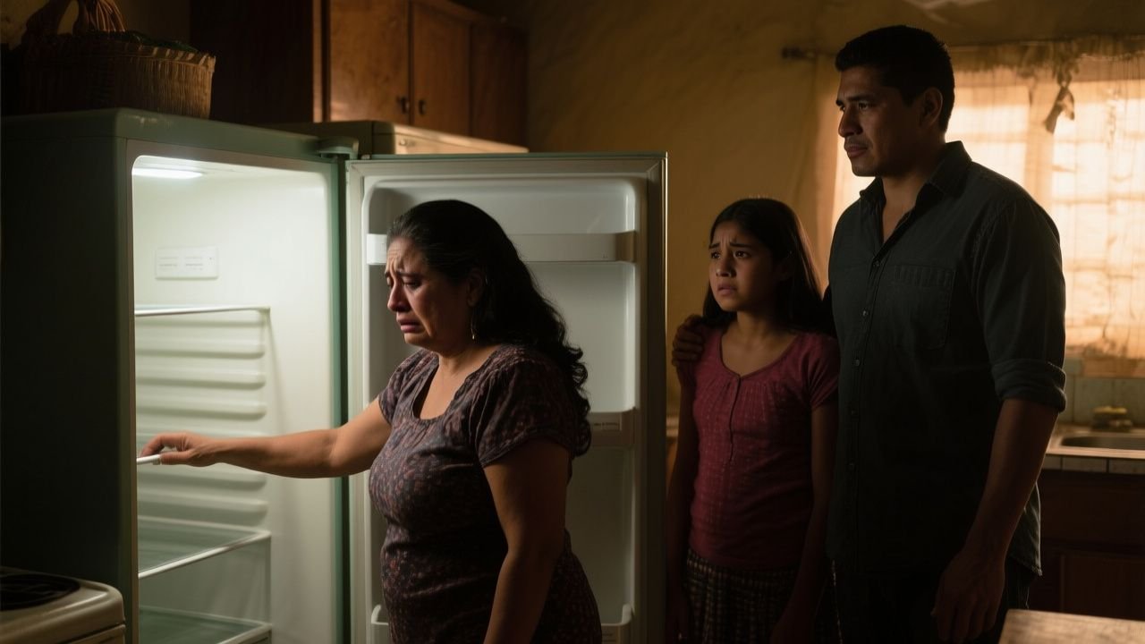 Yerno abrazando a su suegra frente a una nevera llena de comida, escena de amor familiar y reconciliación