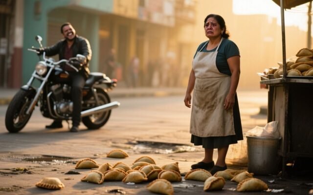 Doña Marta vendiendo empanadas en su mesa plegable con mantel de cuadros en la esquina de la calle Novena