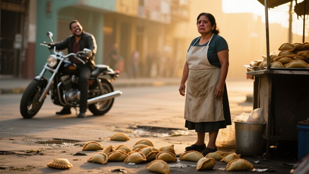 Doña Marta vendiendo empanadas en su mesa plegable con mantel de cuadros en la esquina de la calle Novena