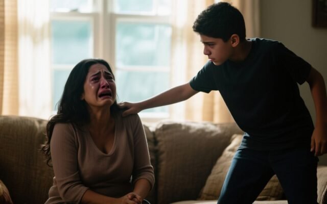 Madre abrazada por su hijo en el sofá de la sala tras ser defendida de un agresor, escena de valentía familiar