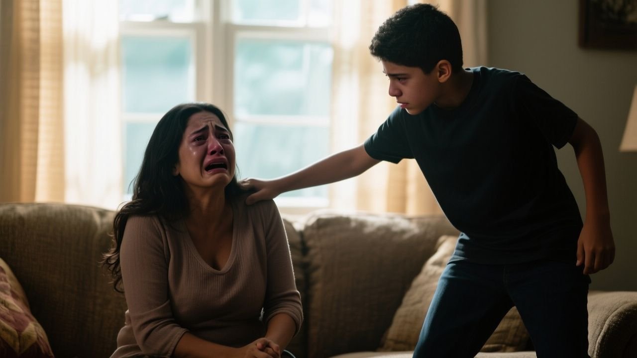 Madre abrazada por su hijo en el sofá de la sala tras ser defendida de un agresor, escena de valentía familiar