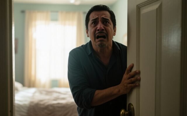 Hombre abriendo la puerta de su habitación y descubriendo una escena impactante que le cambia la vida para siempre
