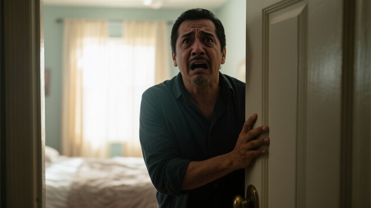 Hombre abriendo la puerta de su habitación y descubriendo una escena impactante que le cambia la vida para siempre