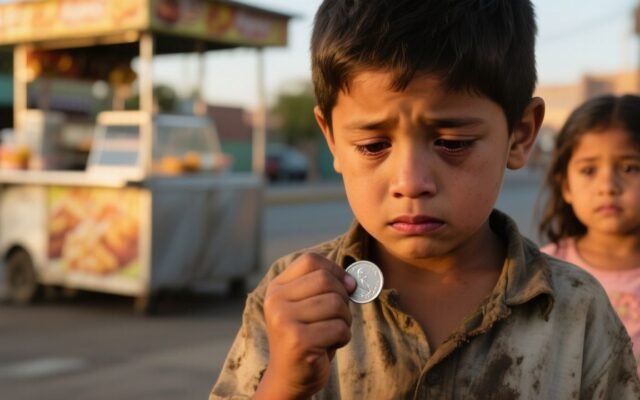 Niño sosteniendo una moneda plateada en su mano mientras su hermana pequeña lo mira con hambre