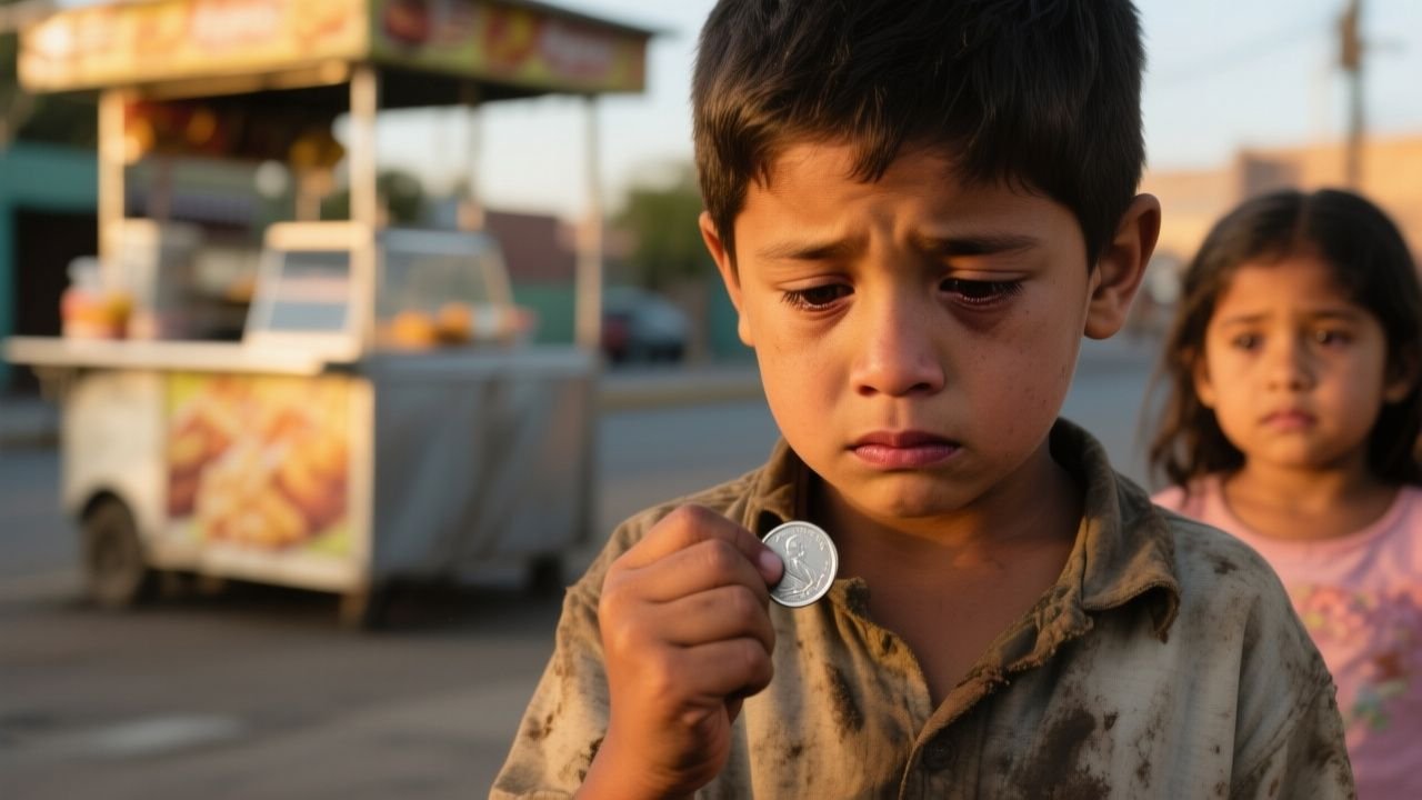 Niño sosteniendo una moneda plateada en su mano mientras su hermana pequeña lo mira con hambre
