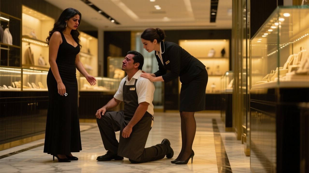 Empleada de boutique consolando a Fernando arrodillado en el suelo junto a un anillo dorado tras ser abandonado
