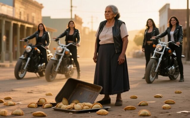 Rosa, una vendedora de empanadas de 65 años, recoge su mercancía del suelo tras ser humillada por mujeres motociclistas en la