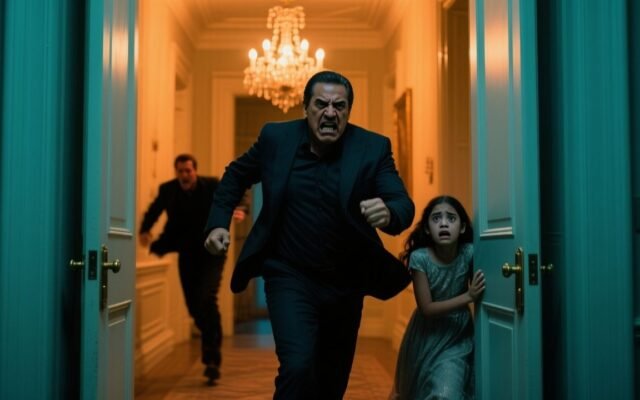 Padre imponente entrando por puertas dobles de cristal para defender a su hija de su novio abusivo en una mansión