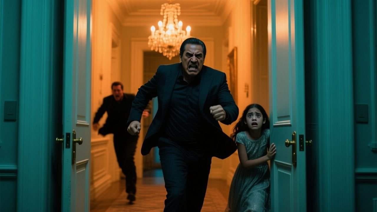 Padre imponente entrando por puertas dobles de cristal para defender a su hija de su novio abusivo en una mansión