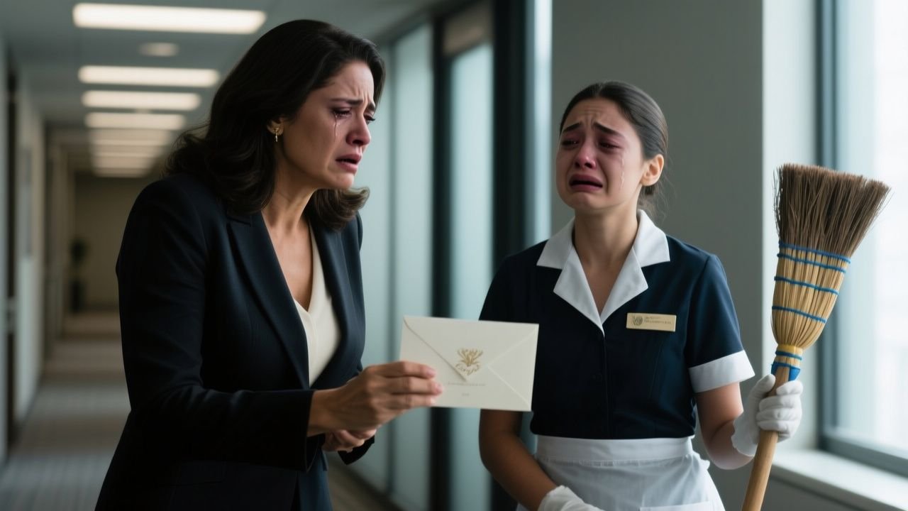 Camila, barrendera, recibe una invitación de boda de su hermana Valentina frente a compañeros de oficina