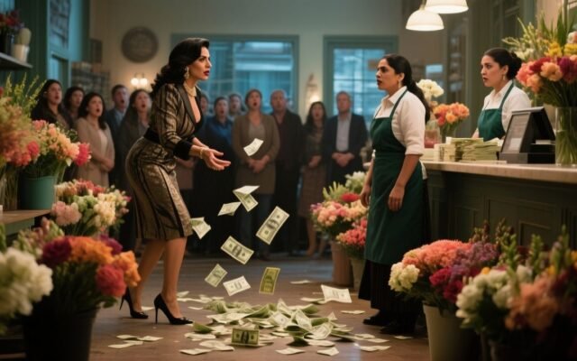 Mujer de alta sociedad humillando a vendedora de flores en un lujoso salón con espejos
