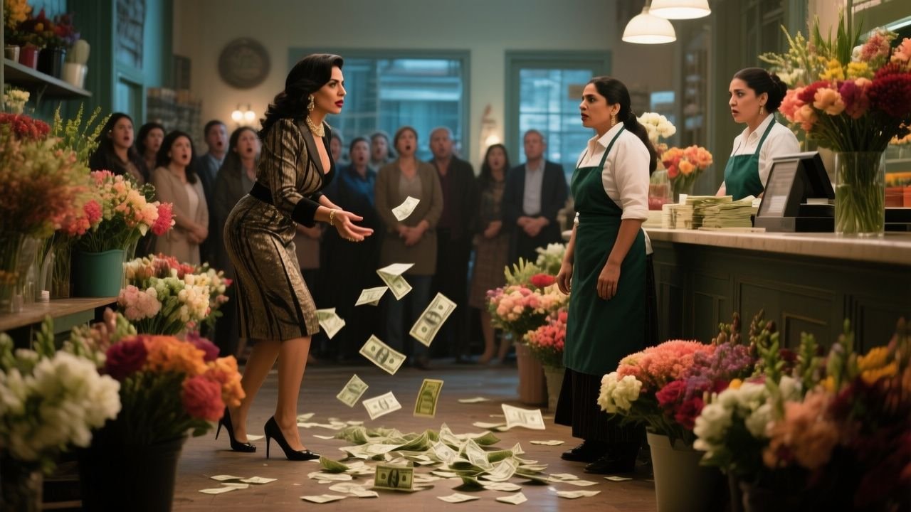 Mujer de alta sociedad humillando a vendedora de flores en un lujoso salón con espejos